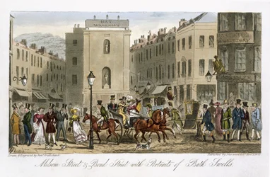 Calle Milsom y Bond Street con retratos de Bath Swells, de 
